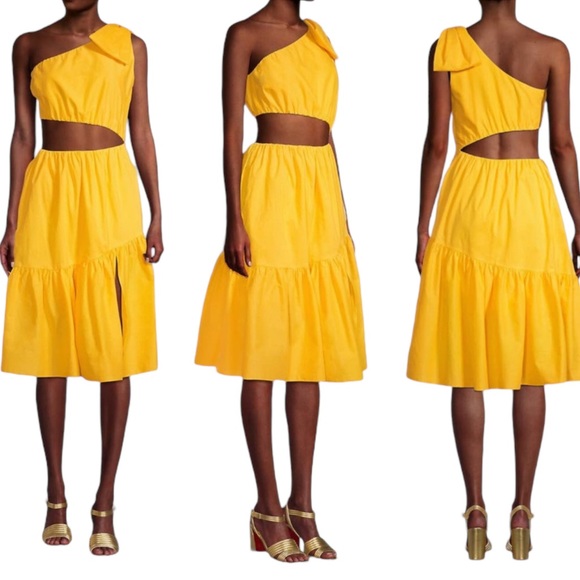 Black Halo Dresses & Skirts - Black Halo Atlas Yellow Banana One Shoulder Bow Cut Out Midi Dress Vacation XS